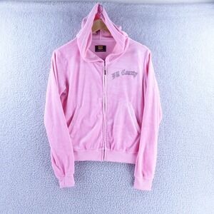 FB County Girl Pink Velour Zip Up Hoodie Rhinestone Logo Y2K Streetwear Medium